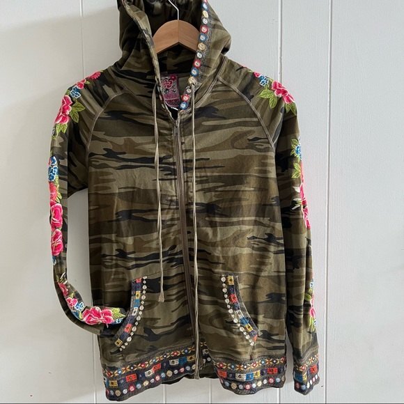 Johnny Was Camo Green Rina Raglan Hoodie Jacket - Picture 3 of 13